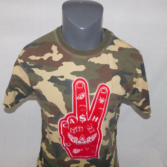 Bleecker & Mercer Mens M Green Camo Red Chenille Hand CASH Crew Neck T Shirt - Picture 4 of 9